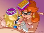 2_girls 2girls callie_(splatoon) cosplay double_fellatio fellatio ffm_threesome hetero marie_(splatoon) multiple_girls nintendo pov princess_daisy princess_peach splatoon super_mario super_mario_bros. threesome