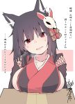 1girl animal_ear_fluff animal_ears azur_lane bangs black_hair blunt_bangs breast_rest breasts cat_ears catgirl fang fox_mask hair_between_eyes hair_ribbon japanese_clothes kimono large_breasts mask red_eyes ribbon sweat yamashiro_(azur_lane)