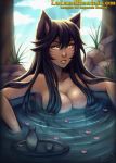 1girl ahri animal_ears arm arms art babe bare_arms bare_shoulders bath bathing big_breasts black_hair breasts cleavage collarbone convenient_censoring fox_ears hair hair_over_breasts iahfy league_of_legends looking_at_viewer neck nude parted_lips sake sitting submerged tray upper_body water wet yellow_eyes