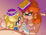 2_girls 2girls callie_(splatoon) cosplay cum double_fellatio fellatio ffm_threesome hetero marie_(splatoon) multiple_girls nintendo pov princess_daisy princess_peach splatoon super_mario super_mario_bros. threesome