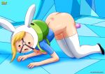 1girl adventure_time animal_hat ass backpack bag blonde_hair blush breasts dildo fionna_the_human human nipples open_mouth palcomix shoe socks teeth thighhigh white_socks