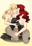 2_girls absurd_res big_breasts black_canary black_widow breasts bunnysuit cleavage crossover dc_comics dc_universe dcau dinah_lance hair incipient_kiss kissing kneel long_hair love lufidelis marvel multiple_girls mutual_yuri natasha_romanoff pantyhose red_hair redhead sitting strapless yuri