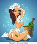  ass blue_background eyebrows eyelashes gradient_background leaf shampoo tattoo toes toon web_address web_address_with_path 