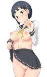 1girl black_hair blush breasts green_eyes hair_ornament hairclip kirigaya_suguha lifted_by_self mingaru nipples no_bra no_panties nopan nude pubic_hair pussy pussy_juice school_uniform serafuku shirt_lift short_hair skirt skirt_lift solo sword_art_online v white_background