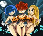 3girls big_breasts black_eyes blonde_hair blue_hair breasts curvy ed,_edd,_'n'_eddy hair halloween lee_kanker long_hair looking_at_viewer manic47 marie_kanker may_kanker moon multiple_girls nipples red_hair short_hair sisters smile topless