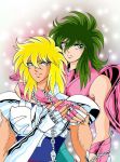  2boys andromeda_shun armor art blonde_hair blue_eyes cygnus_hyouga green_hair male_focus multiple_boys saint_seiya short_hair tagme yaoi 