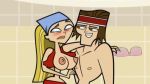 arm_on_shoulder bandanna bikini blonde_hair blue_eyes blush breasts cartoon_network edit hourglass_figure huge_breasts kerchief lindsay_(tdi) long_blonde_hair long_hair smile striped_hair thick_ass thick_legs thick_thighs total_drama_island two_tone_hair tyler_(tdi) wardrobe_malfunction wasp_waist