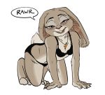 1girl 1girl anthro bedroom_eyes bikini clothing disney drunk eyelashes fur furry grey_fur half-closed_eyes judy_hopps kneel lagomorph long_ears looking_at_viewer mammal naughty_face navel purple_eyes rabbit seductive sreedurra suggestive swimsuit zootopia