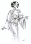 a_new_hope big_breasts breasts monochrome nipples princess_leia_organa star_wars victor_rinaldi white_background