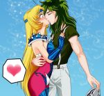  1boy 1girl andromeda_shun arm armor arms art babe bare_arms blonde_hair blue_background blue_eyes blush breasts chameleon_june closed_eyes couple fingerless_gauntlets gauntlets green_hair green_shirt headband heart hetero hugging kissing looking_at_another love mask mask_removed nail_polish neck pants pauldrons saint_seiya shirt short_hair sparkle spoken_heart standing surprised suspenders t-shirt very_long_hair 