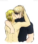 2boys arm arm_up arms art artist_request bare_arms bare_shoulders blonde_hair blush character_request clenched_hand closed_eyes clothed_male_nude_male earrings from_behind hug_from_behind hugging hylian kissing link love male_focus multiple_boys neck nintendo nude pointy_ears shirt short_hair the_legend_of_zelda turtleneck upper_body yaoi