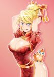 1girl :q arched_back arms_up big_breasts bird blonde_hair blush bracelet breasts bursting_breasts china_dress chinese_clothes cleavage cleavage_cutout dress earrings hair_bun hair_ornament heroes_of_the_storm highres jaina_proudmoore jewelry large_breasts menhou owl pelvic_curtain pepe_(wow) pink_background qipao side_slit smile tongue tongue_out warcraft world_of_warcraft