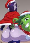 1boy 1girl anger_vein annoyed ass beast_boy boot bubble_butt canon_couple christmas clenched_teeth cloak dat_ass dc_comics female female_focus from_behind fur-trimmed_cloak garfield_logan green_eyes green_skin grey_skin holidays hooded_cloak huge_ass leotard male mistletoe parvad purple_eyes purple_hair rachel_roth raven_(dc) santa_hat simple_background solo_focus squatting teen_titans thick_thighs thong_leotard