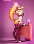 1girl 1girl anthro ass black_sclera blue_eyes breasts claws clothing digimon digitigrade doomthewolf fur furry high_res lingerie looking_at_viewer looking_back neck_tuft presenting renamon simple_background tuft wide_hips yellow_fur