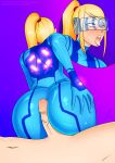 1girl apple_butt blonde_hair blue_eyes buttjob clothed_female_nude_male clothed_sex metroid naughty_face open_mouth penis_in_ass samus_aran tongue_out uncensored veiny_penis