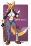 1girl 1girl anthro areola armor baseball_bat big_breasts black_sclera blue_eyes boots bracelet breasts casual clothing digimon fingerless_gloves footwear front_view fur furry gloves high_res inviting jacket jeans jewelry kanogetz leather looking_at_viewer mammal markings navel nipples nude pants piercing punk renamon spikes standing tasteful thug white_fur yellow_fur