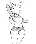 1girl adventure_time animal_hat backpack big_breasts breasts fionna_the_human gray_impact looking_back monochrome panties short_skirt skirt stockings tight_clothes white_background