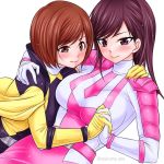 2_girls abe_tsukumo alluring big_breasts blush bodysuit breasts brown_eyes brown_hair cape closed_mouth dress gloves hayami_umika kaitou_sentai_lupinranger_vs._keisatsu_sentai_patranger long_hair looking_at_viewer multiple_girls myoujin_tsukasa purple_eyes purple_hair short_hair smile super_sentai tokusatsu tsukumo_abe