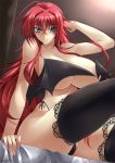 1_girl 1girl ahoge aqua_eyes arm_up artist_name bare_shoulders black_legwear black_panties blush breasts covering covering_breasts demon_wings haganef hair_between_eyes high_school_dxd huge_breasts lingerie long_hair looking_at_viewer one_arm_up panties red_hair revealing_clothes rias_gremory side-tie_panties sitting smile solo stockings thighhighs underwear very_long_hair wings