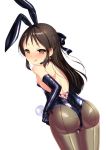 animal_ears ass back-seamed_legwear blush brown_eyes brown_hair bunny_ears bunny_girl bunny_tail bunnysuit butterfly detached_collar elbow_gloves fishnet_pantyhose fishnets gloves heart heart-shaped_pupils idolmaster idolmaster_cinderella_girls leotard licking_lips long_hair looking_at_viewer looking_back pantyhose satou_kuuki seamed_legwear shiny_clothes smile solo symbol-shaped_pupils tachibana_arisu tail tattoo tongue tongue_out tramp_stamp white_background