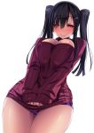  1girl big_breasts black_hair blush breasts cleavage cleavage_cutout clothes_tug covered_nipples cowboy_shot dutch_angle from_below hair_ornament hairclip heart heart-shaped_pupils high_res jpeg_artifacts long_hair looking_down mole mole_under_eye open-chest_sweater original original_character panties purple_eyes purple_panties pussy_juice ribbed_sweater satou_kuuki simple_background sleeves_past_wrists smile sweat sweater sweater_tug symbol-shaped_pupils tareme twin_tails underwear wet_panties white_background wide_hips 