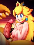 1boy 1girl areolae blonde_hair blue_eyes blush bowser breasts cock_ring collar crown earrings hair jewelry large_penis leash neocoill nintendo nipples nude open_mouth penis penis_awe precum princess_peach sex_slave slave spiked_collar spiked_penis super_mario_bros. surprised uncensored veiny_penis