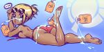  ass beach bikini blonde_hair blue_background blue_eyes dark_skin feet looking_at_viewer looking_back soles speedosausage sunglasses toes 