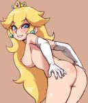 1girl ass bent_over blonde_hair blue_eyes blush breast breasts brown_background crown earrings elbow_gloves gloves jewelry looking_at_viewer nintendo nipples nude princess_peach sideboob simple_background smile solo super_mario_bros. sweat yuya