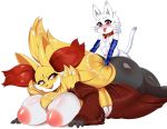  1girl anthro ass big_ass big_breasts blush breasts collar delphox furry heterochromia highres huge_breasts male male/female nintendo nude open_mouth overweight pokemon smile teddy_jack tongue tongue_out video_games whiskers white_background 