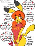  1girl anthro ass black_fur bottomless bouncing breasts brown_eyes cheerful clothed clothing dialogue dickgirl duckdraw embarrassed flaccid flirting fur furry futa&#039;chu giggling hair happy heart intersex looking_at_viewer mammal nintendo open_mouth orange_hair penis pigtails pikachu pokemon rodent simple_background smile solo_focus standing teasing thealmightysear_(editor) video_games yellow_fur 