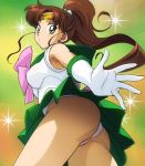 1_girl 1girl ass bishoujo_senshi_sailor_moon brown_hair clothed elbow_gloves female female_only gloves green_eyes green_skirt kino_makoto leotard long_brown_hair long_hair makoto_kino panties ponytail sailor_jupiter sailor_moon serafuku skirt solo tiara upskirt white_panties