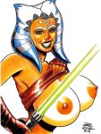 1girl ahsoka_tano alien big_breasts breasts lightsaber nipples rob_durham smile star_wars star_wars:_the_clone_wars white_background