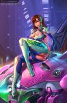 1girl adapted_costume anal anal_object_insertion bodysuit breast_grab breastless_clothes breasts brown_hair collaboration colored d.va d.va_(overwatch) dildo grabbing headphones high_heels highres leg_up legoman legs lips lm_(legoman) long_hair long_legs masturbation mecha nipples no_panties nose object_insertion overwatch pussy self_fondle solo stiletto_heels thighhighs thighs uncensored vintem