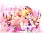 1girl ass bed black-rayal blonde_hair blue_eyes blush breasts crown earrings elbow_gloves female_only gems gloves jewelry jewels long_hair looking_at_viewer nude princess_peach smile solo_female super_mario_bros.