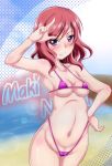 1girl bikini high_resolution highleg highleg_bikini highleg_swimsuit love_live!_school_idol_project micro_bikini nishikino_maki purple_eyes red_hair salute short_hair swimsuit yamai_(ymi_factory)