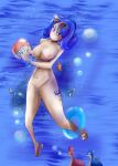 1girl 1girl beach_ball big_breasts big_breasts blue_eyes blue_hair bubble buizel crossover eyewear_on_head fairy_tail fish flatpancakes juvia_loxar nipples nude nude_female pokemon pubic_hair sandals solo_female sunglasses sunglasses_on_head sunlight thick_thighs underwater water wishiwashi