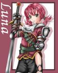  1041_(toshikazu) 1girl alluring character_name chronicles_of_the_sword green_eyes looking_at_viewer low_twintails luna_(soulcalibur) pink_hair project_soul rival smile soul_calibur soul_calibur_iii soulcalibur sword twin_tails weapon 