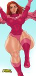 1girl 1girl 1girl angry arms_up atom_eve big_breasts bodysuit boots breasts fat_thighs flying gloves huge_ass invincible jay-marvel knees lipstick looking_at_viewer looking_down meaty_thighs red_hair seductive skin_tight stockings superheroine text thick_thighs viewed_from_below voluptuous wide_hips