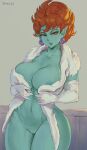 1girl 1girl blue_skin breasts curvy dragon_ball_z earrings erect_nipples fully_nude_woman fur_coat grin looking_at_viewer navel nipples nude open_mouth orange_hair princess_snake pussy shexyo solo_female thighs white_coat