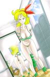 ass bent_over blonde_hair bondage breasts cleavage dragon_ball dragon_ball_z launch master_roshi mirror nipples pubic_hair tied_up