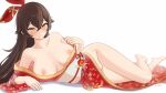 16:9_aspect_ratio 1girl 1girl amber_(genshin_impact) bare_shoulders barefoot blush breasts brown_hair cleavage feet floral_print genshin_impact half-closed_eyes high_resolution kimono long_hair medium_breasts miarumiam naked_kimono nipples off_shoulder pussy red_kimono red_ribbon ribbon simple_background smile wafuku white_background yellow_eyes yukata