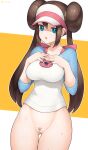 1girl blue_eyes blush bottomless breasts brown_hair cleavage clothed clothing curvy female_focus female_only hat human long_hair looking_at_viewer mogtate nintendo no_panties pokemon pokemon_bw2 pose posing pubic_hair pussy rosa_(pokemon) shirt side_bun simple_background solo_female solo_focus standing sweat sweatdrop thick thick_thighs thighs white_background yellow_background zhenbao