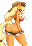 1girl anthro applejack ass big_ass blonde_hair blush breasts cutie_mark freckles friendship_is_magic furry green_eyes hair hat high_res ihara long_hair looking_at_viewer mouth_hold my_little_pony sideboob simple_background wheat white_background