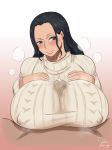 1girl areola black_hair blush breast_suppress breasts brown_eyes cum cum_on_clothes curvaceous erect_nipples high_resolution huge_breasts light-skinned long_hair looking_at_viewer mikanberry nico_robin nipples one_piece paizuri paizuri_over_clothes penis sanji semen smile