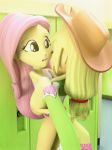 2girls applejack blonde_hair cowboy_hat equestria_girls fluttershy friendship_is_magic futanari gif green_eyes hair intersex long_hair looking_at_another multiple_girls my_little_pony pink_hair sex yuri