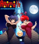  2girls akane_tendo areola black_hair breasts bunny_ears bunnygirl bunnysuit busty cleavage curvy dissel fishnet_pantyhose full_moon genderswap nipples ranma-chan ranma_1/2 ranma_saotome red_hair rule_63 voluptuous wrist_cuffs 