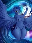 1girl 2016 anthro anthrofied areola big_breasts blue_eyes blue_hair blue_skin breasts cutie_mark equine feathered_wings feathers female friendship_is_magic full_moon furry hair high_res horn horse long_hair looking_at_viewer mammal moon my_little_pony navel nipples nude open_mouth pony princess_luna pussy sky smile solo spread_wings standing star stars suirano uncensored wide_hips winged_unicorn wings