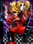 1girl ass batman_(series) blonde_hair blue_eyes comic_cover dc_comics earring elbow_gloves face_paint female_only fingerless_gloves garrett_blair gun hand_on_ass harley_quinn heels looking_at_viewer looking_back makeup non-nude smile solo_female tattoo twin_tails weapon