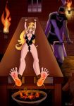  blonde_hair breasts clothed crown dragon&#039;s_lair duo earrings exposed_breasts female fire forced indoors long_hair lying mcbain nipples princess_daphne spread_legs standing tears toes torture 