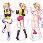  1:1_aspect_ratio ass barefoot blonde blonde_hair bloomers blush breasts buruma dakimakura feet female high_resolution kawakami_mai kotetu_han large_ass lying mole musaigen_no_phantom_world myriad_colors_phantom_world nipples purple_eyes school_uniform shoes side_ponytail skirt smile sneakers socks underwear undressing 